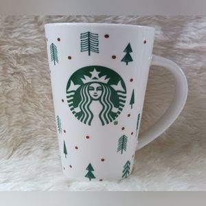 STARBUCKS Coffee Cup Mug Woodland Trees White Green Polka Dot 12oz Christmas
